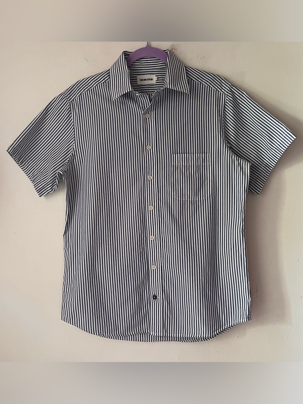 Taylor Stitch Cotton Navy White Vertical Stripe Short-Sleeve Button-Down Sz S